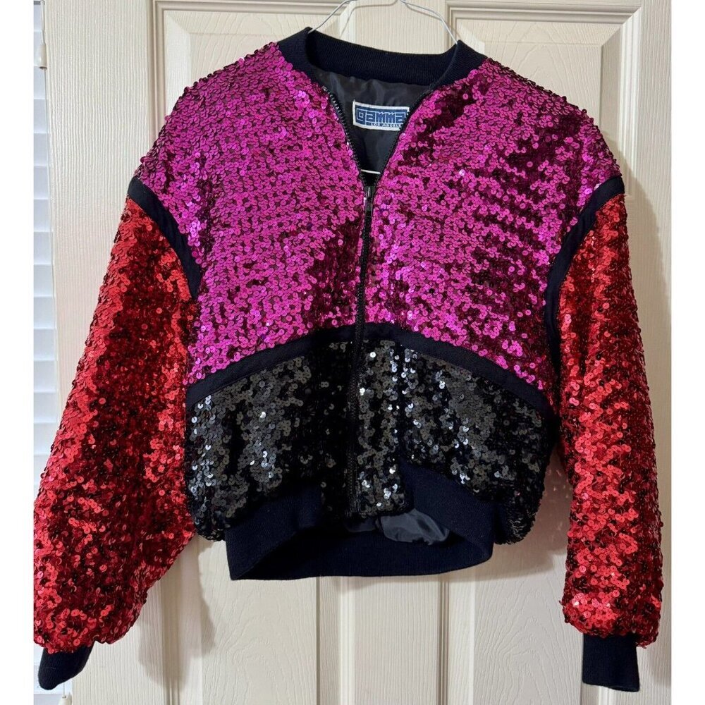 Pink Red Sequin Black Bomber Jacket Vintage All Over Gamma Size Small Colorblock